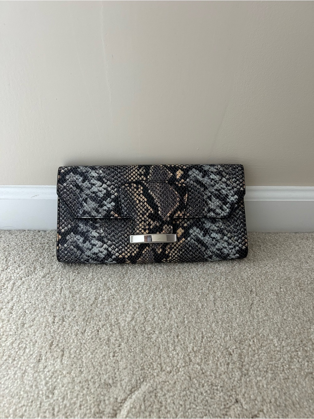 Snake-Embossed Leather Clutch in Black and Gray
